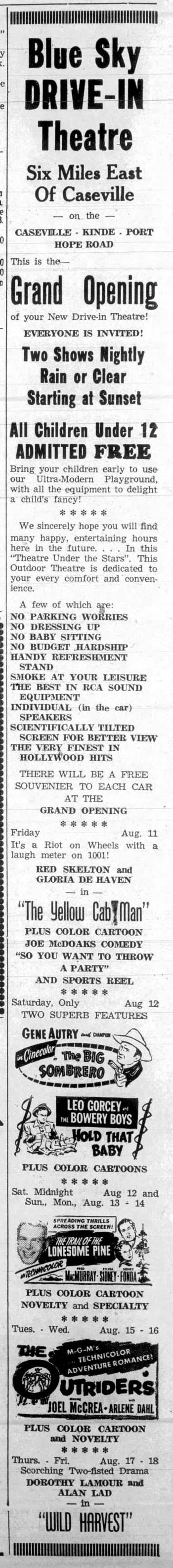 Blue Sky Drive-In Theatre - Aug 1950 Opening Ad